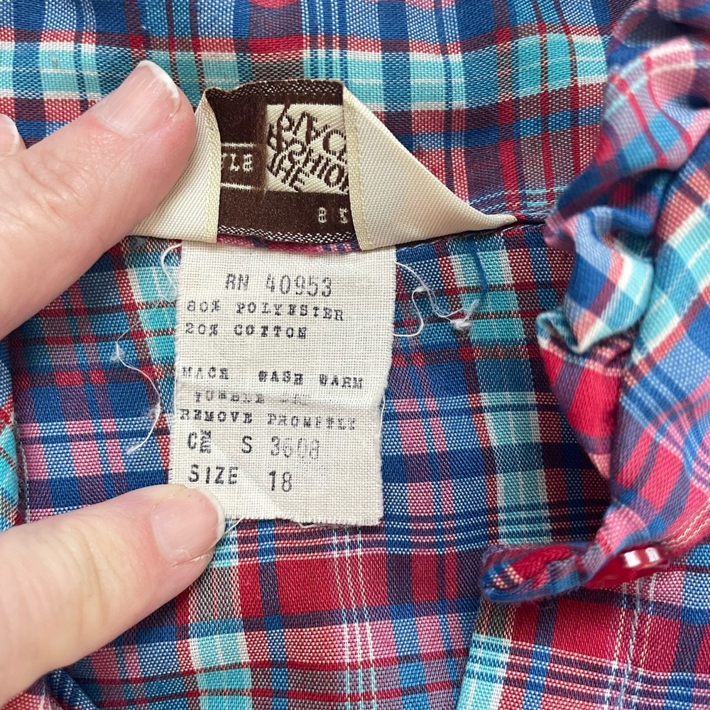 Vintage 70s Sears Plaid Ruffle Short Sleeve Button Down Shirt Blouse - Picture 5 of 8